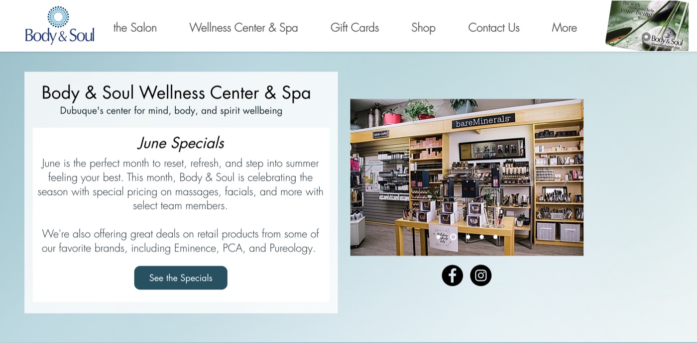 Body & Soul Wellness Center & Spa website homepage